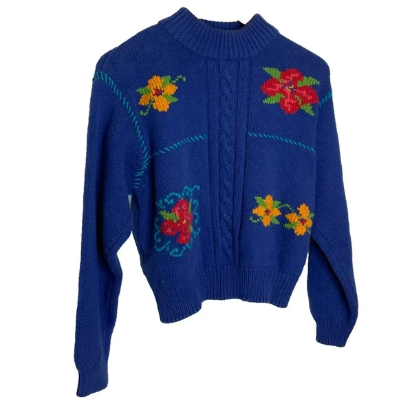 Women's Petite Small Vtg Liz Claiborne Blue Floral Knit Cotton Crop Sweater - Picture 2 of 4